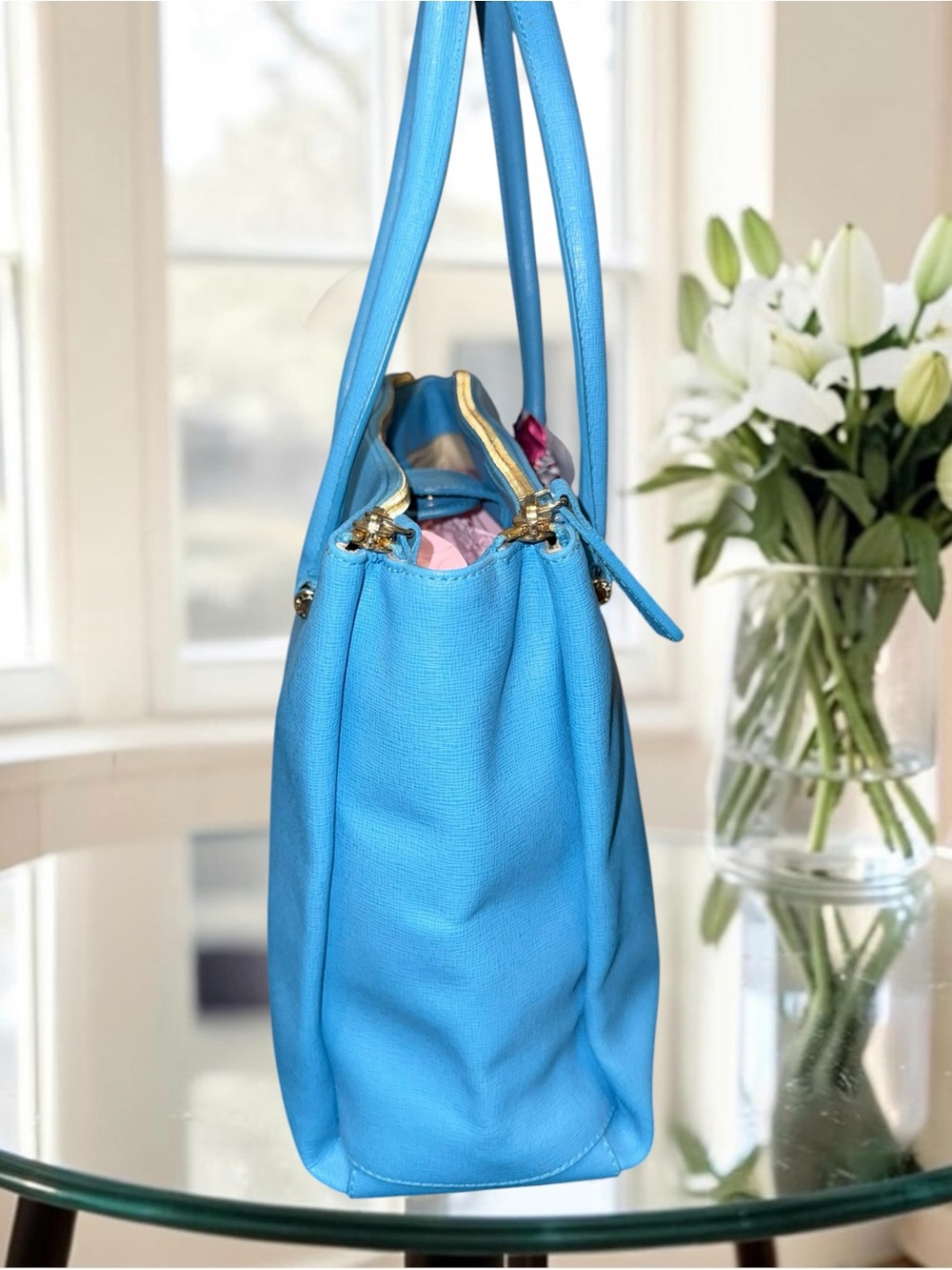 LOW START Furla Linda Medium Saffiano Leather Tote Bag – Cerulean Blue Like New - Picture 4 of 15